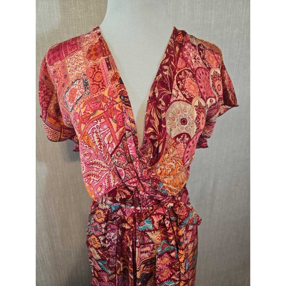 White Waves Boho Mixed Print Wide Leg Jumpsuit Open Back Tassel Burgundy S/M - Picture 2 of 15